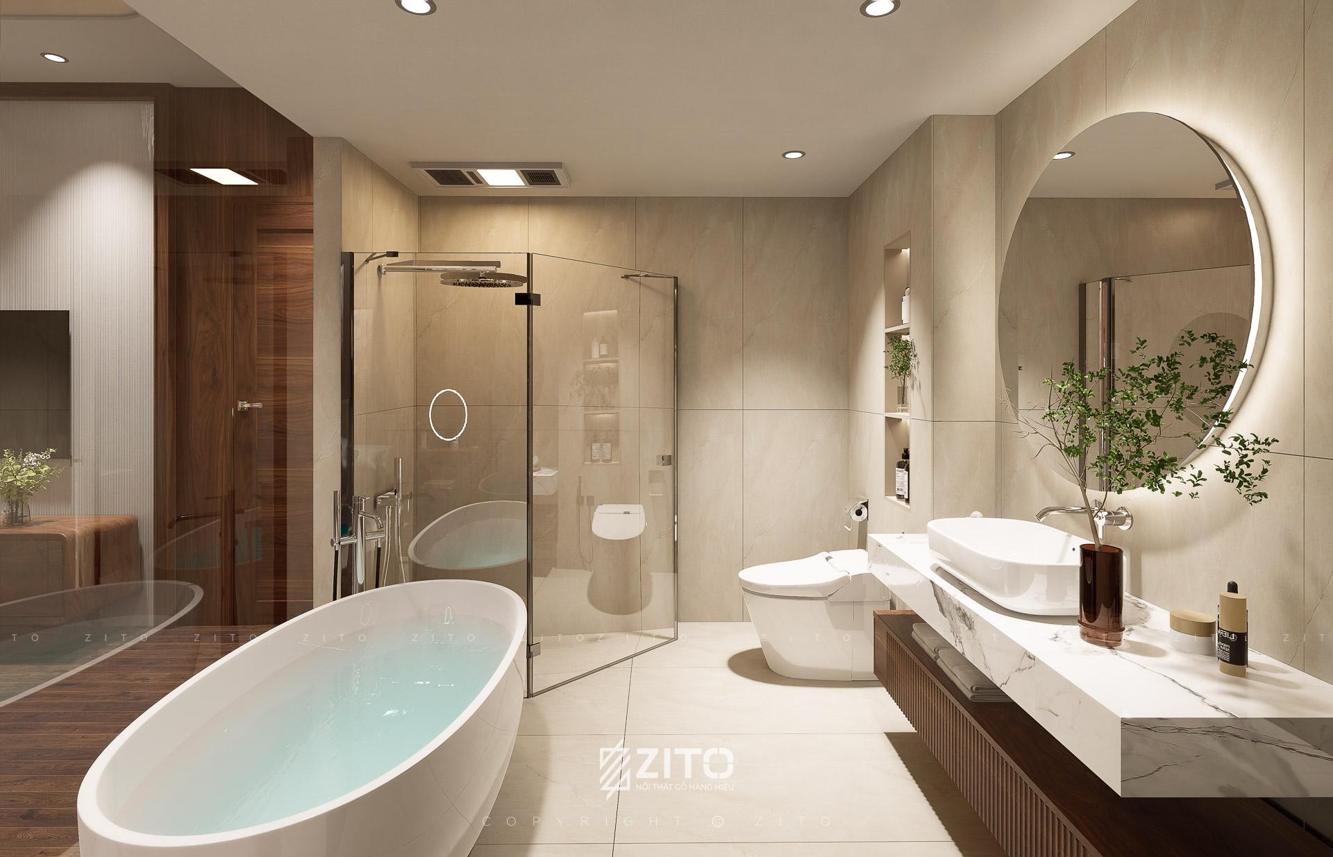 Bồn tắm oval màu trắng được đặt ở vị trí trung tâm, tạo điểm nhấn ấn tượng cho không gian
